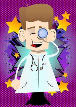 Funny cartoon doctor holding binoculars in his hand. Vector illustration. Health care worker searching, looking for something.