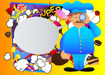 Obraz premium Fat male cartoon chef in uniform holding binoculars in his hands. Vector illustration. Cook Searching.