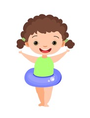 The cheerful girl rejoices. Prepared for water games in the sea, river or pool. In beachwear. Isolated on white background. Illustration in cartoon style. Flat design. Vector art