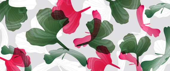 Abstract art gingko Biloba leaves background vector. Wallpaper design with watercolor art texture from palm leaves, Jungle leaves, monstera leaf, exotic botanical floral pattern. 