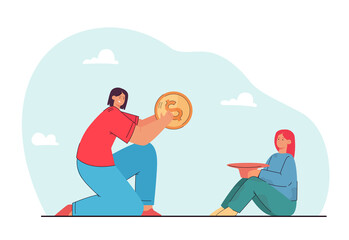 Woman donating money to poor girl. Flat vector illustration. Female character putting giant gold coin in hat that little girl holding. Charity, donation, money concept for banner design, landing page