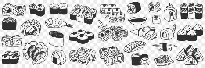 Sushi and rolls doodle set. Collection of hand drawn various japanese sushi seafood rolls for tasty dinner traditional asian culture in rows isolated on transparent background  © drawlab19