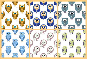 Set of seamless patterns with flat owls on white.