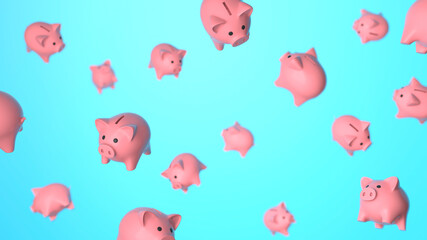 Piggy banks in flight, levitation. Blue background. 3d render