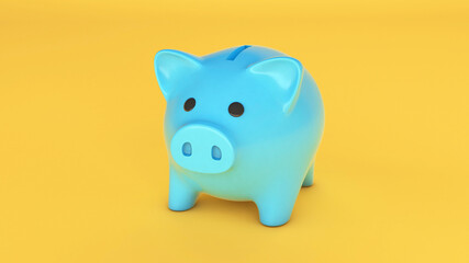 Blue piggy bank on a yellow background. 3d render