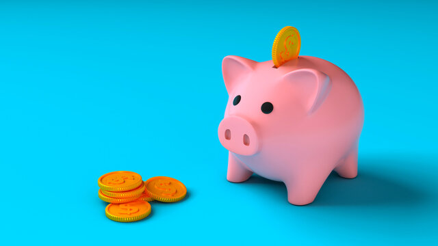 Coin Falls Into A Piggy Bank On A Blue Background. 3d Render