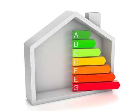 Home energy efficiency rating. House and colored arrows graphics. isolated on white background. 3d render
