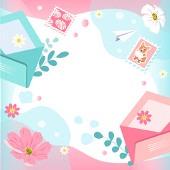 vector cute hand drawn illustration - background, frame with place for text in pink and blue colors with flowers, envelopes and stamps. trend illustration in flat style