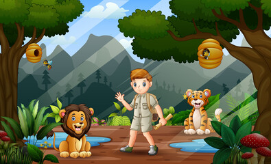 Naklejka premium Scene with a safari boy and wild animals in the jungle