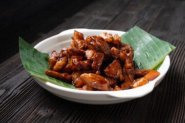 Sweet Pork Condiment (Thai name is muu waan) Thai streaky pork menu with coconut or palm sugar and black sauce