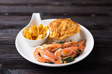 Stir fried Spicy Prawn , Thai Holy Basil With  Steamed Rice And Fried egg