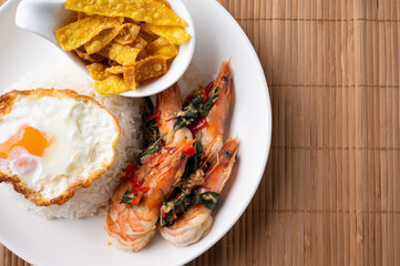 Stir fried Spicy Prawn , Thai Holy Basil With  Steamed Rice And Fried egg