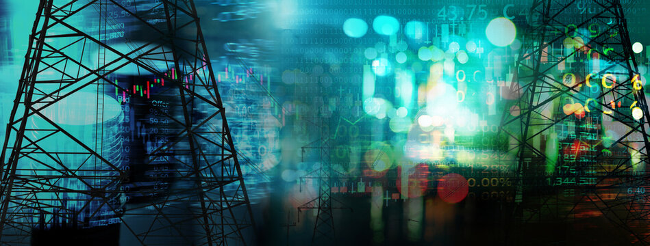 market stock graph and information with city light and electricity and energy facility industry and business technology banner background.