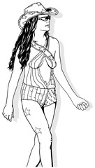Sexy Woman in Swimsuit and Cowboy Hat with the USA Flag Colors - Black and White Drawing Isolated on White Background, Vector Illustration