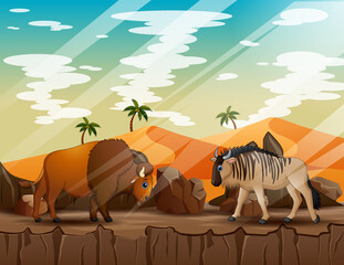 Cartoon a wildebeest and bison on the cliff © dreamblack46