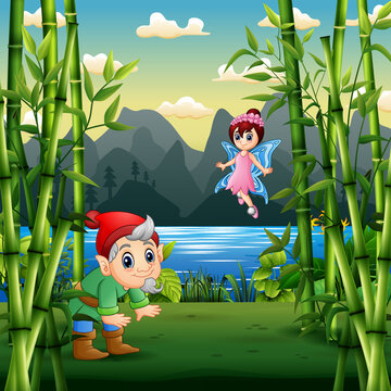 Cartoon a dwarf and fairy in the nature landscape
