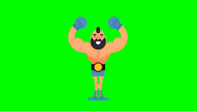 Winner boxer lifting his hand, cheering about victory. champion of match. Cartoon animation video clip with green screen background.
