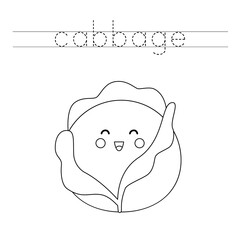 Tracing letters with cute kawaii cabbage. Writing practice for kids.