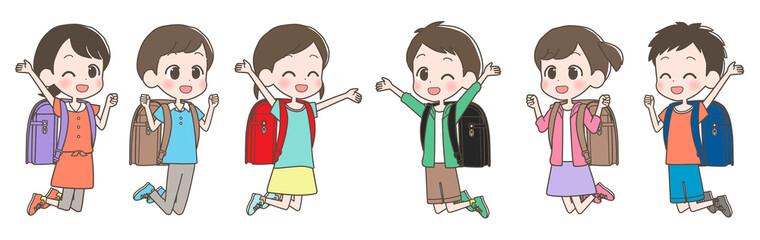 ランドセルを背負ってジャンプする小学生