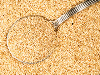 top view of silver tablespoon in amaranth grain
