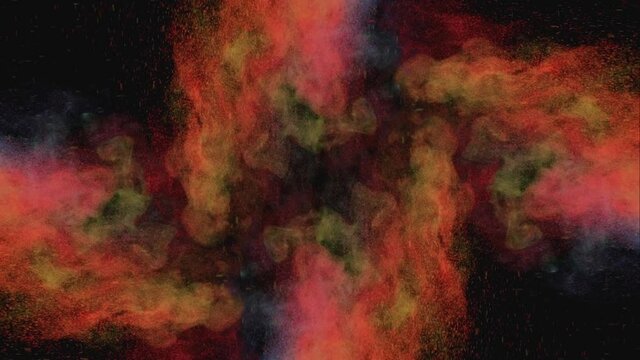 The explosion of colorful particles from four sides. slow motion