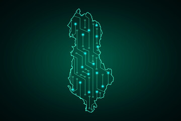 Map of Albania, network line, design sphere, dot and structure on dark background with Map Albania, Circuit board. Vector illustration. Eps 10