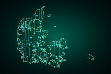 Map of Denmark, network line, design sphere, dot and structure on dark background with Map Denmark, Circuit board. Vector illustration. Eps 10