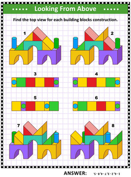 Educational math puzzle: Find the top view for each building blocks construction. Answer included.
