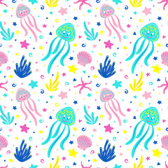 Jellyfish, shells, starfish, and algae vector seamless pattern. Sea animal seamless texture. Textiles, wrapping paper, wallpaper design, packaging.