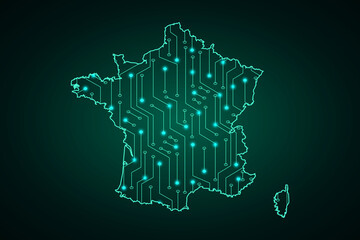 Map of France, network line, design sphere, dot and structure on dark background with Map France, Circuit board. Vector illustration. Eps 10
