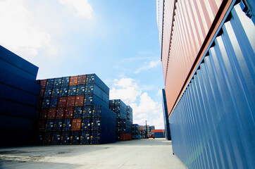 Cargo container yard. cargo shipping container box in logistic shipping yard. colorful cargo container stacks in shipping port.