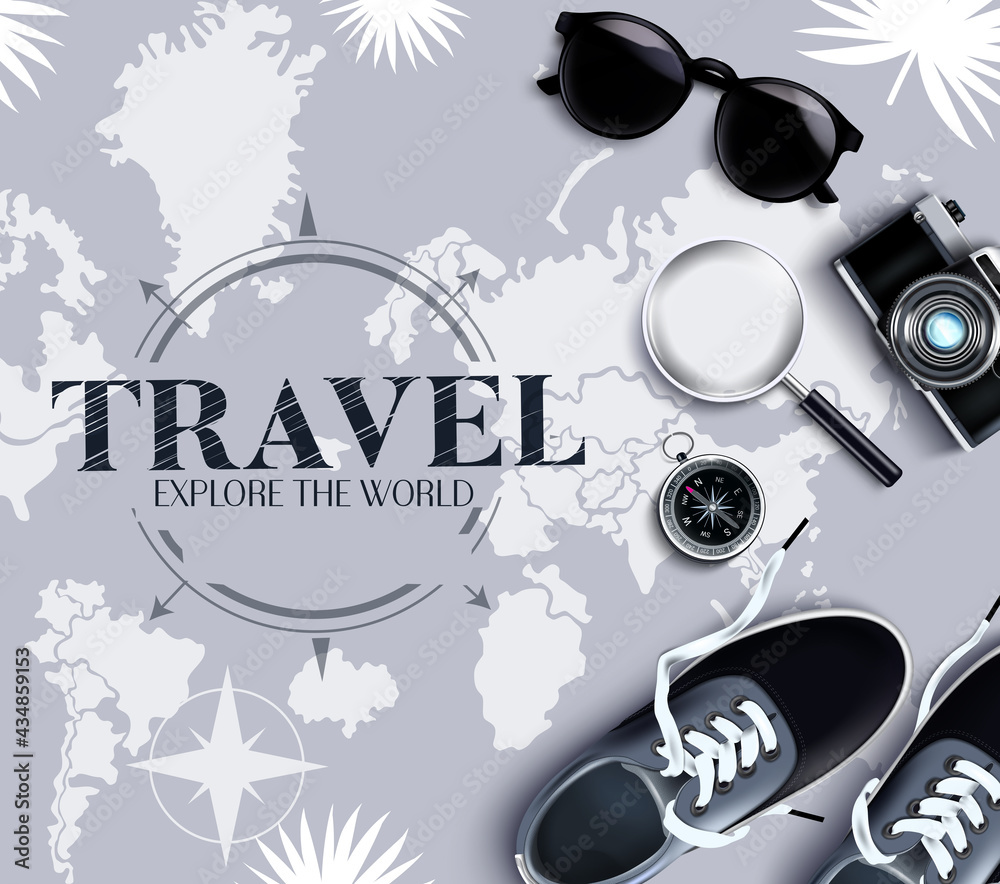 Canvas Prints travel world vector template design. travel explore the world text in map background with shoes, mag