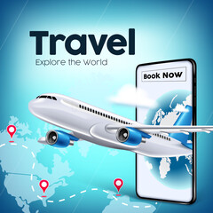 Travel world vector banner design. Travel and book now text in mobile app with airplane transportation element for flight online booking background. Vector illustration
