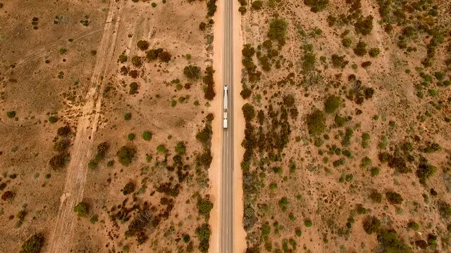 Truck Driving on Eyre Highway Australia&rsquo;s Longest Straight Road, Aerial Tilt