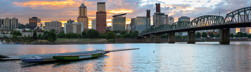 Portland Oregon skyline at sunset and Willamette river