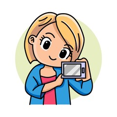 Cute woman holding and showing smartphone cartoon illustration