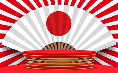 red podium and white fan with red and white background