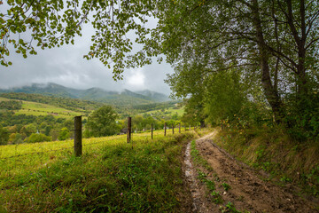 rural dirt road to village. autumnal countryside of carpathian mountains. rainy weather. fence along the meadow. gray heavy clouds above the valley - Powered by Adobe