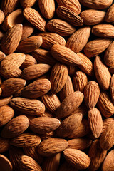 Food background of almond nuts close-up. Flat lay.