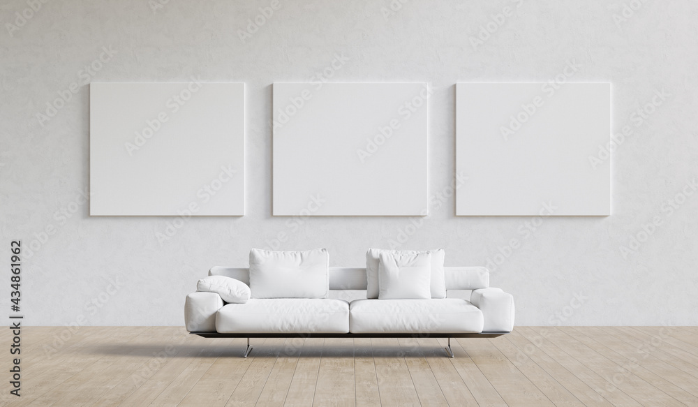 Poster Large interior with three blank mockup canvases and white sofa. Presentation concept. 3D render.