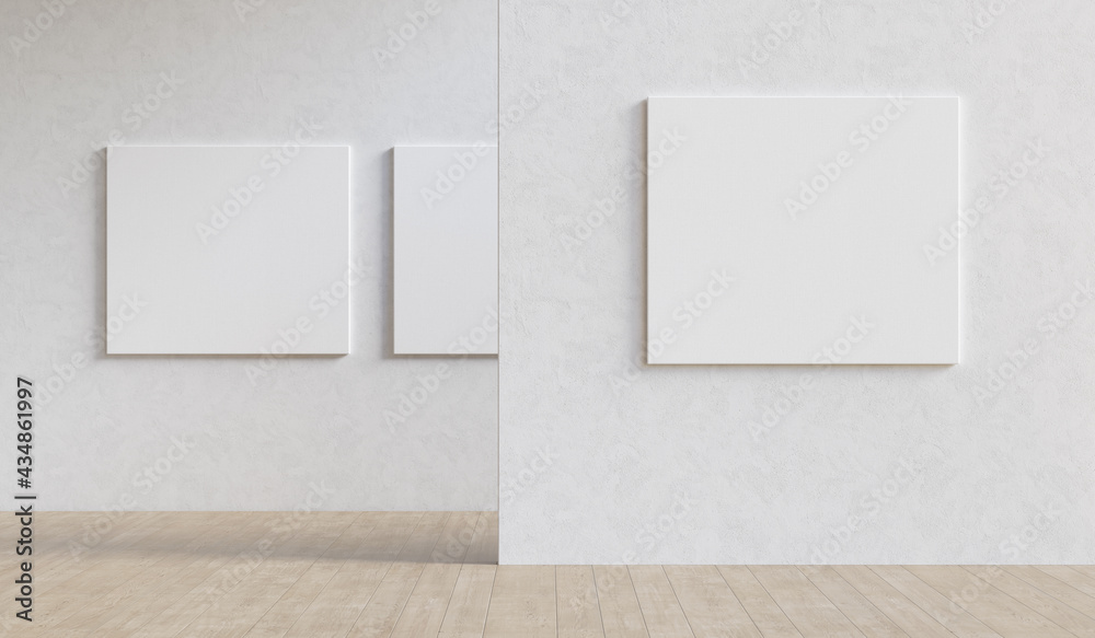 Poster gallery exhibition interior with three blank mockup canvases. presentation concept. 3d render.