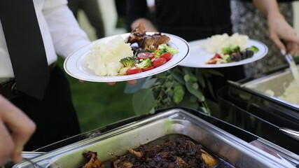 Wedding food catering, event hot food service, main meal preparation closeup
