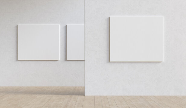 Gallery exhibition interior with three blank mockup canvases. Presentation concept. 3D render.