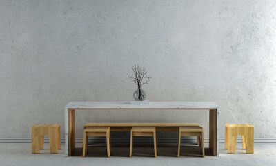 Modern interior mock up and decoration furniture of dining room and concrete wall texture background, 3D rendering