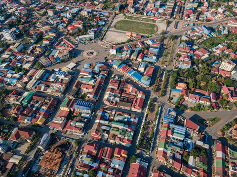 Stunning shots by drone from Kampot city in south of Cambodia, amazing old architecture struggling with the actual world