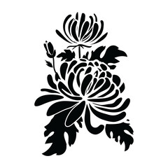 Chrysanthemum two flowers black filled outline, silhouette vector illustration