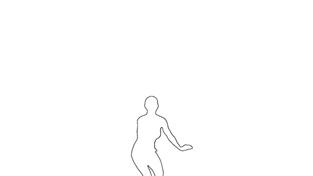 Outline sketch of woman with muscular body performs a jump in the splits on white background.