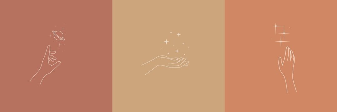 Collection of linear boho symbols - stars in hands. Vector illustration