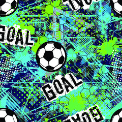 Abstract seamless football pattern for boys, textile, clothes. Grunge urban repeated backdrop with silhouette of shabby ball, text. Sport colorful wallpaper 