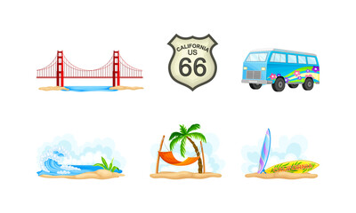 California as Travel Destination with Palm Trees and Surfboards at Sea Shore Vector Composition Set